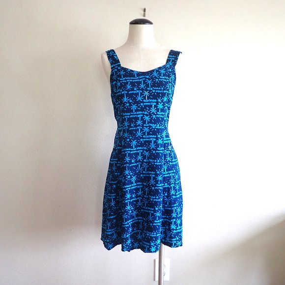 VTG Bali Batiks Tropical Sun Dress in Dark Blue and Teal S - Picture 1 of 8